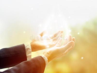 Healing circle light old female healer hands open up surrounded white circle color white star light 58504430